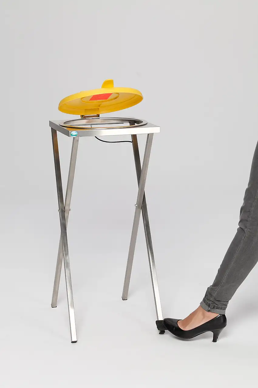 Robuster Scherenständer mit Klemmring & Fußpedal | für 120 Liter Sack | HxBxT 90x40x45cm | Edelstahl | Gelber Deckel