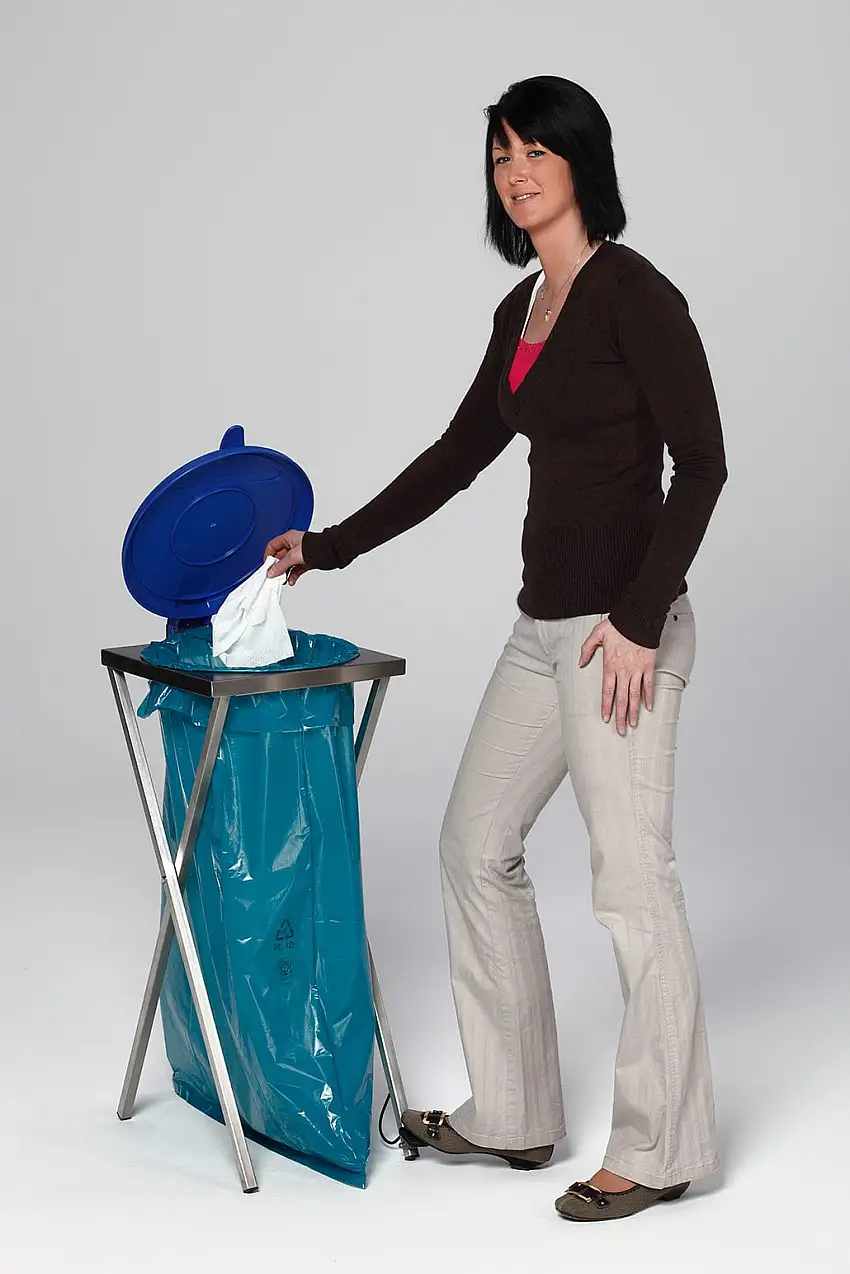 Robuster Scherenständer mit Klemmring & Fußpedal | für 120 Liter Sack | HxBxT 90x40x45cm | Edelstahl | Blauer Deckel