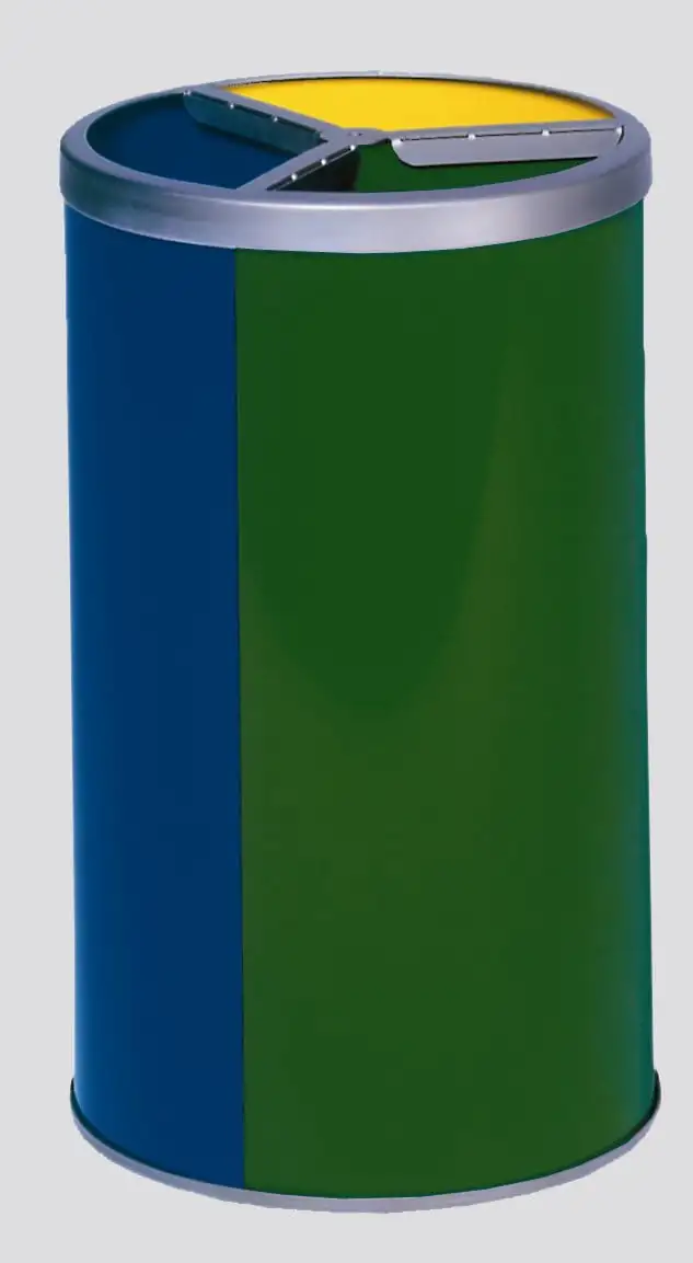 Robuste Wertstoffsammelstation ohne Dach | 30 Liter je Behälter, HxBxT 72x42x42cm | Verzinkter Stahl | Blau, Grün, Gelb