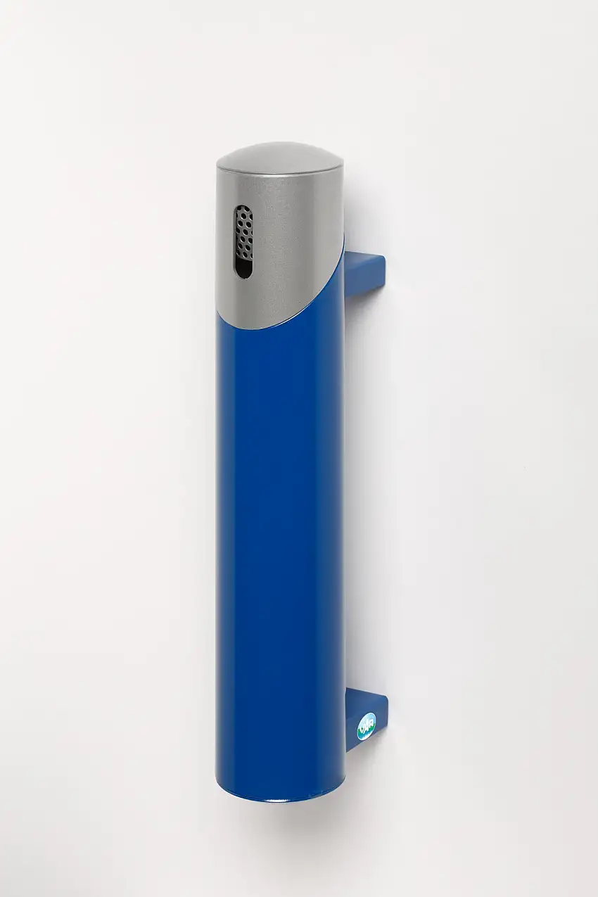 Robuster Wandascher | 145cm Rohrlänge | zum Einbetonieren | 1,4 Liter, HxBxT 51x10x17cm | Stahl | Blau