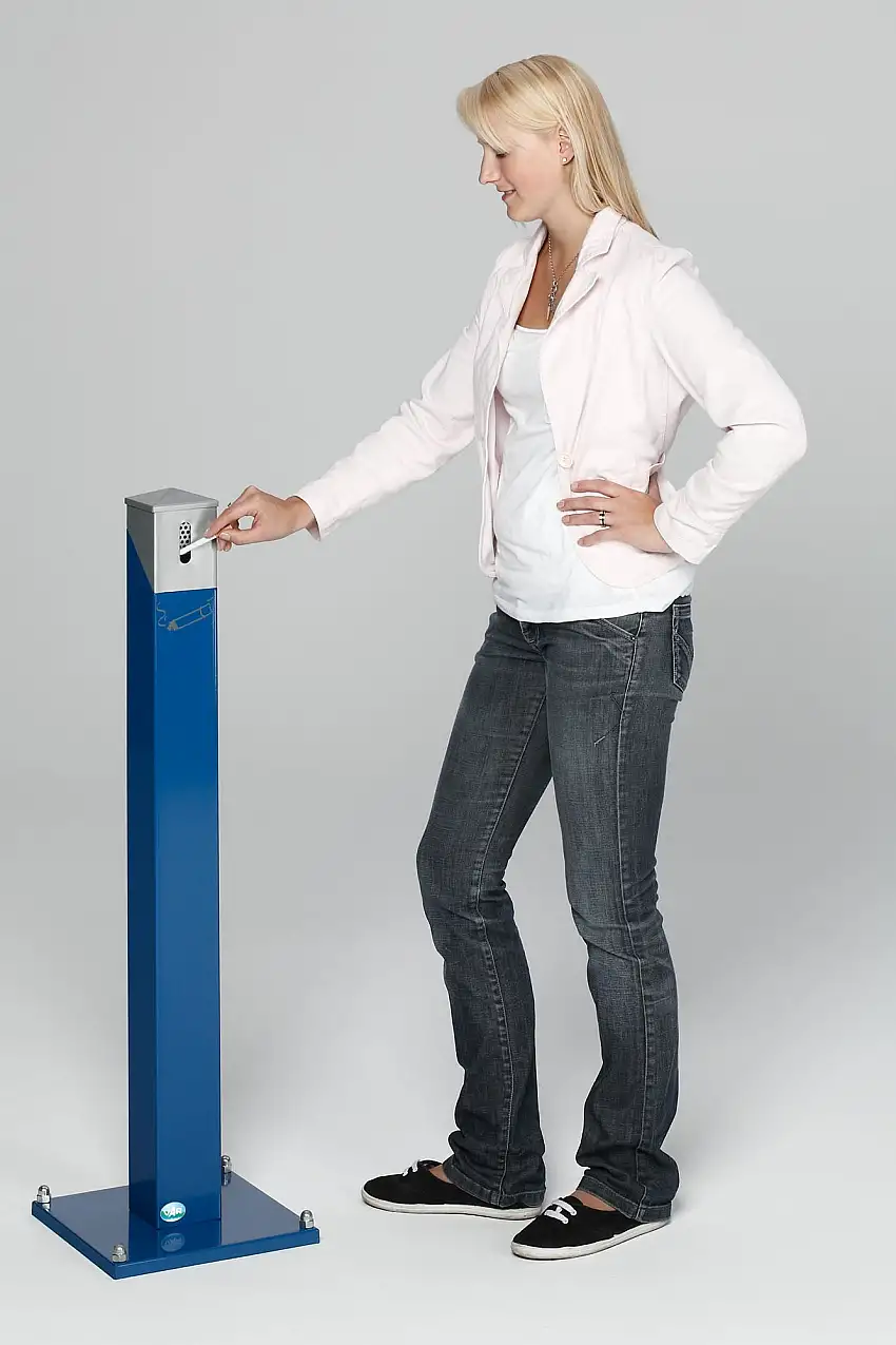 Eckiger Ascher Standsäule mit abnehmbarem Kopfteil | 9,4 Liter, HxBxT 100,5x30x30cm | Verzinkter Stahl | Blau