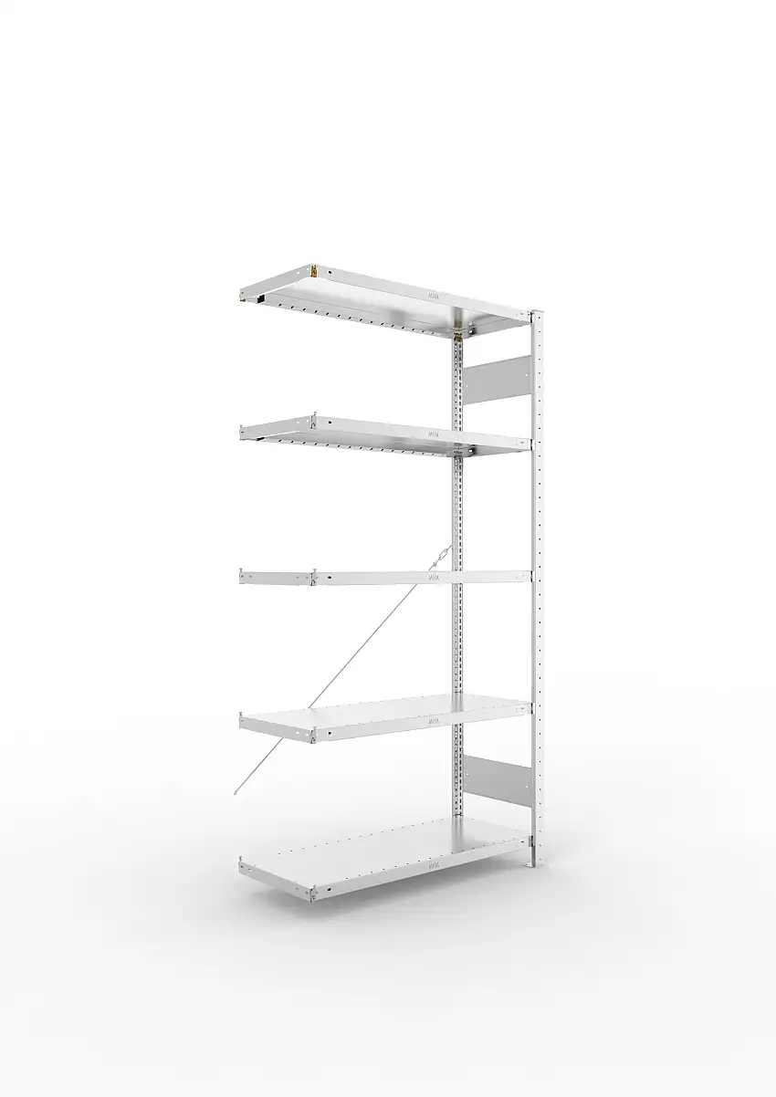 Meta Fachbodenregal Stecksystem CLIP mit vorgefertigten Rahmen | Anbauregal | HxBxT 200x100x40cm | 5 Ebenen | Fachlast 100kg | Einseitig nutzbar | Verzinkt
