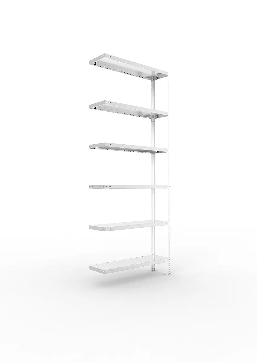 Meta Fachbodenregal Schraubsystem FIX | Anbauregal | HxBxT 250x100x30cm | 6 Ebenen | Fachlast 100kg | Einseitig nutzbar | Verzinkt
