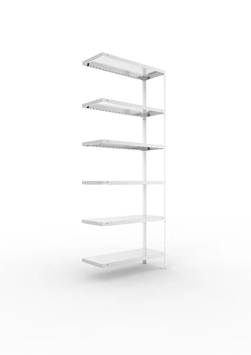 Meta Fachbodenregal Schraubsystem FIX | Anbauregal | HxBxT 250x100x40cm | 6 Ebenen | Fachlast 100kg | Einseitig nutzbar | Verzinkt