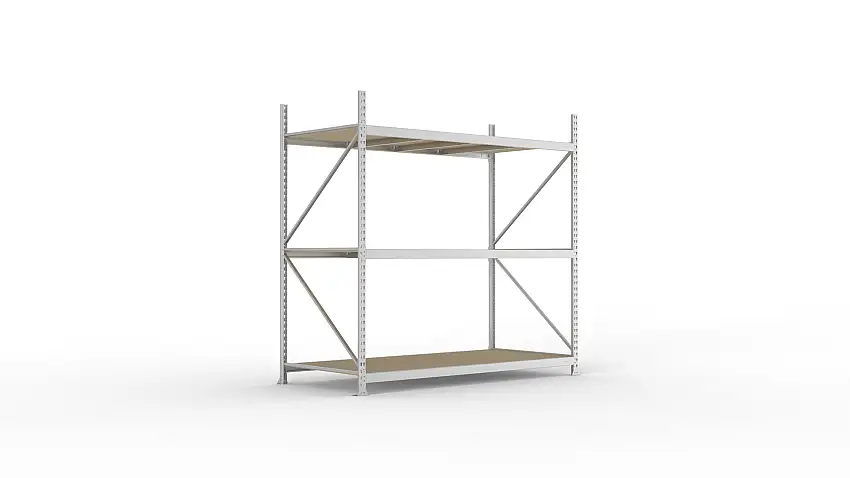 Meta Weitspannregal mit Spanplatten MINI-RACK | Grundregal | HxBxT 220x220x105cm | 3 Ebenen | Fachlast 600kg | Verzinkt