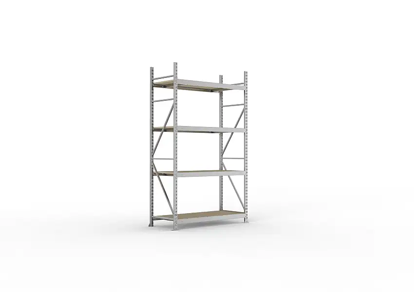 Meta Weitspannregal mit Spanplatten MINI-RACK | Grundregal | HxBxT 250x140x65cm | 4 Ebenen | Fachlast 600kg | Verzinkt