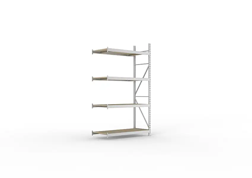 Meta Weitspannregal mit Spanplatten MINI-RACK | Anbauregal | HxBxT 250x140x65cm | 4 Ebenen | Fachlast 600kg | Verzinkt