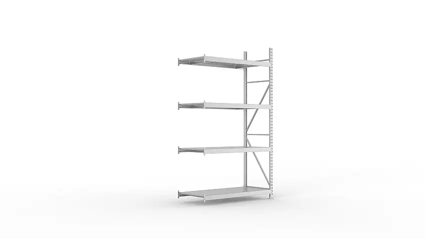 Meta Weitspannregal mit Stahlplatten MINI-RACK | Anbauregal | HxBxT 250x140x65cm | 4 Ebenen | Fachlast 600kg | Verzinkt