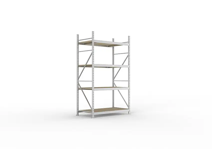 Meta Weitspannregal mit Spanplatten MINI-RACK | Grundregal | HxBxT 250x140x80cm | 4 Ebenen | Fachlast 600kg | Verzinkt