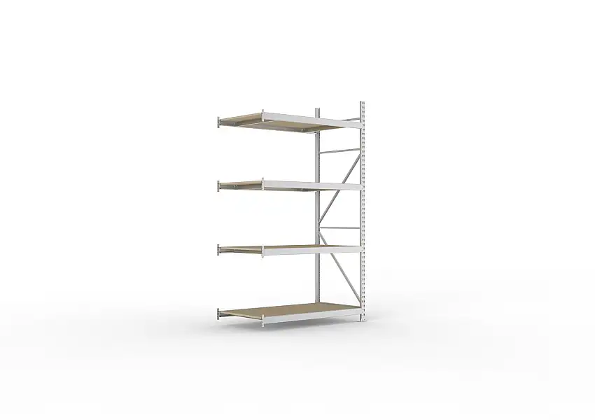 Meta Weitspannregal mit Spanplatten MINI-RACK | Anbauregal | HxBxT 250x140x80cm | 4 Ebenen | Fachlast 600kg | Verzinkt