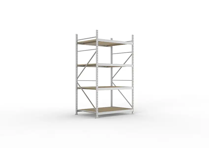 Meta Weitspannregal mit Spanplatten MINI-RACK | Grundregal | HxBxT 250x140x105cm | 4 Ebenen | Fachlast 600kg | Verzinkt