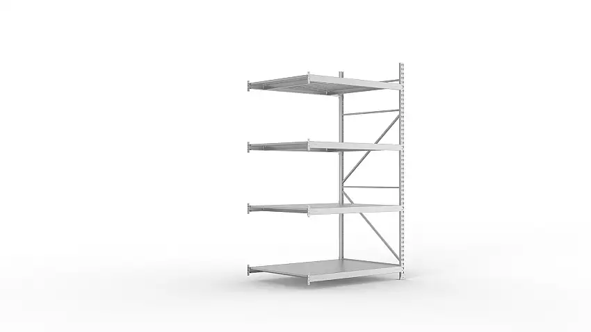 Meta Weitspannregal mit Stahlplatten MINI-RACK | Anbauregal | HxBxT 250x140x105cm | 4 Ebenen | Fachlast 600kg | Verzinkt