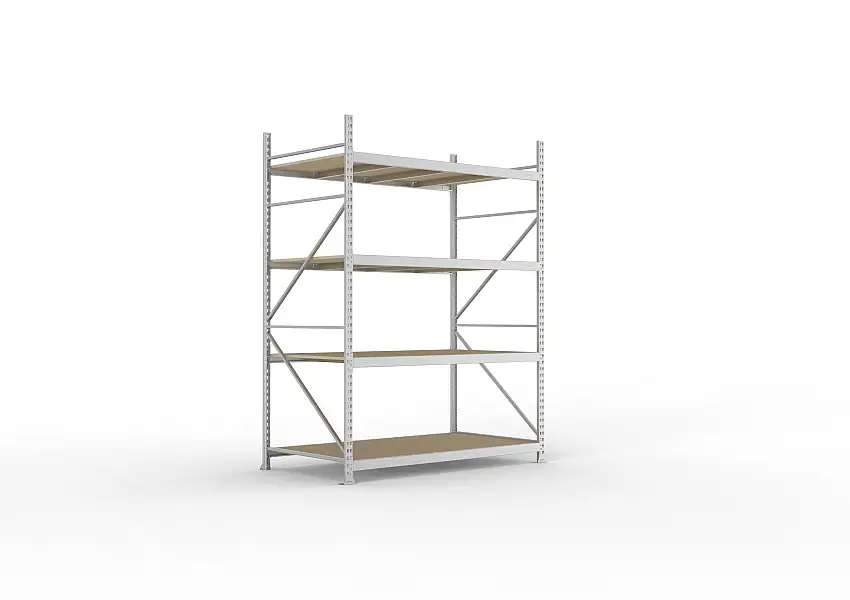 Meta Weitspannregal mit Spanplatten MINI-RACK | Grundregal | HxBxT 250x180x105cm | 4 Ebenen | Fachlast 600kg | Verzinkt