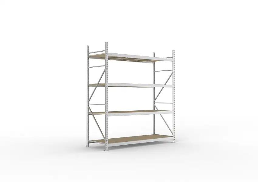 Meta Weitspannregal mit Spanplatten MINI-RACK | Grundregal | HxBxT 250x220x80cm | 4 Ebenen | Fachlast 600kg | Verzinkt