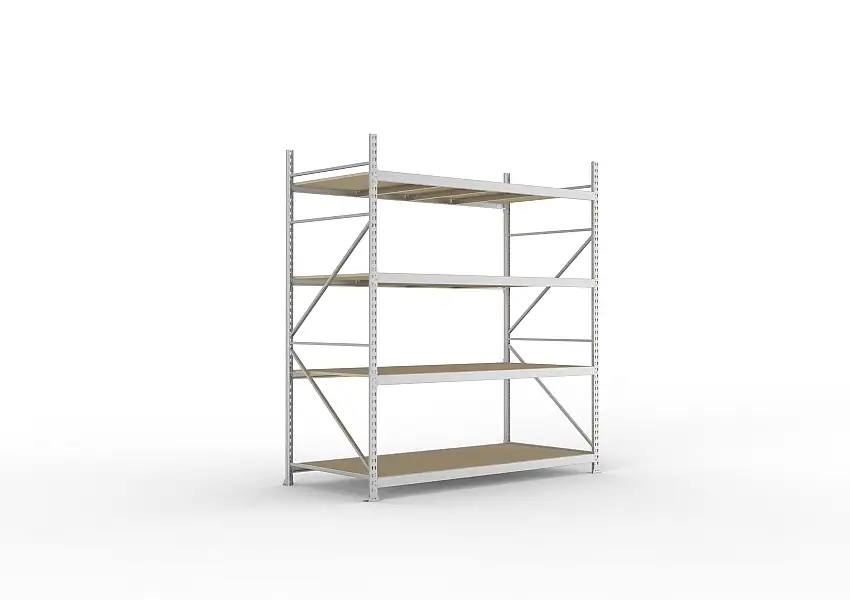 Meta Weitspannregal mit Spanplatten MINI-RACK | Grundregal | HxBxT 250x220x105cm | 4 Ebenen | Fachlast 600kg | Verzinkt