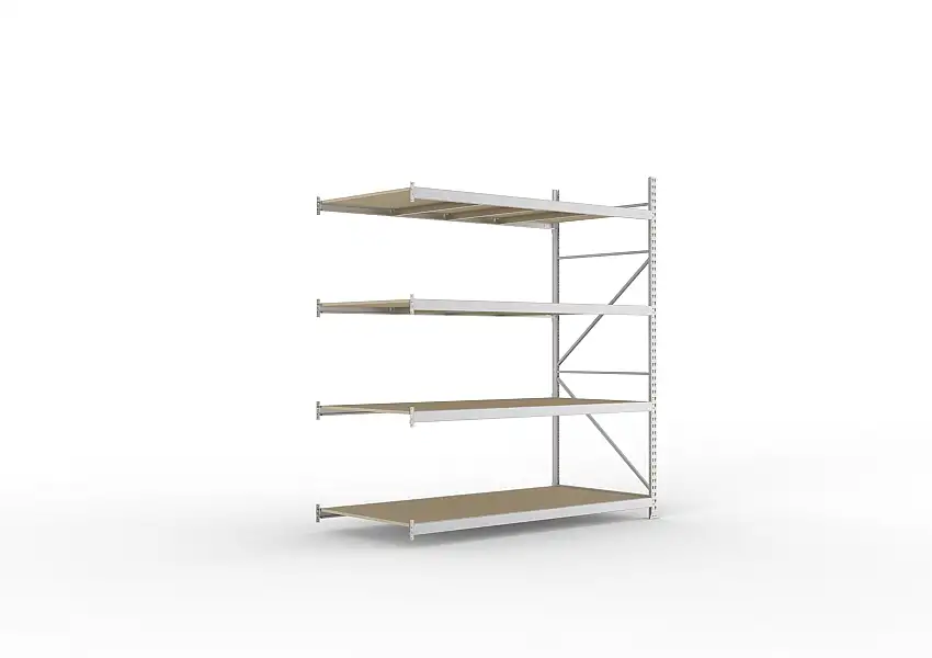 Meta Weitspannregal mit Spanplatten MINI-RACK | Anbauregal | HxBxT 250x220x105cm | 4 Ebenen | Fachlast 600kg | Verzinkt