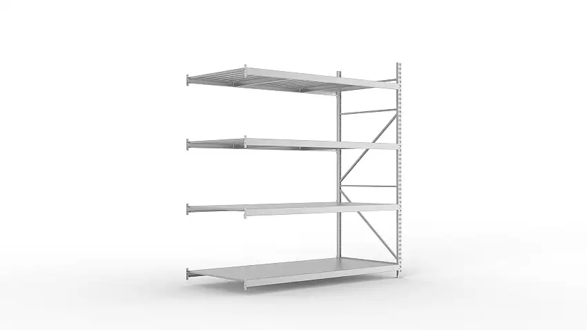 Meta Weitspannregal mit Stahlplatten MINI-RACK | Anbauregal | HxBxT 250x220x105cm | 4 Ebenen | Fachlast 600kg | Verzinkt