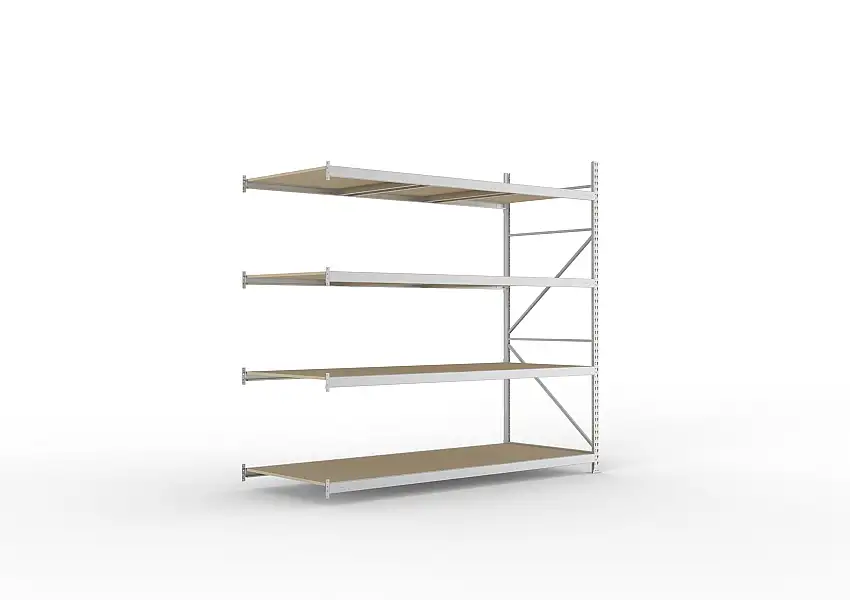 Meta Weitspannregal mit Spanplatten MINI-RACK | Anbauregal | HxBxT 250x260x105cm | 4 Ebenen | Fachlast 490kg | Verzinkt