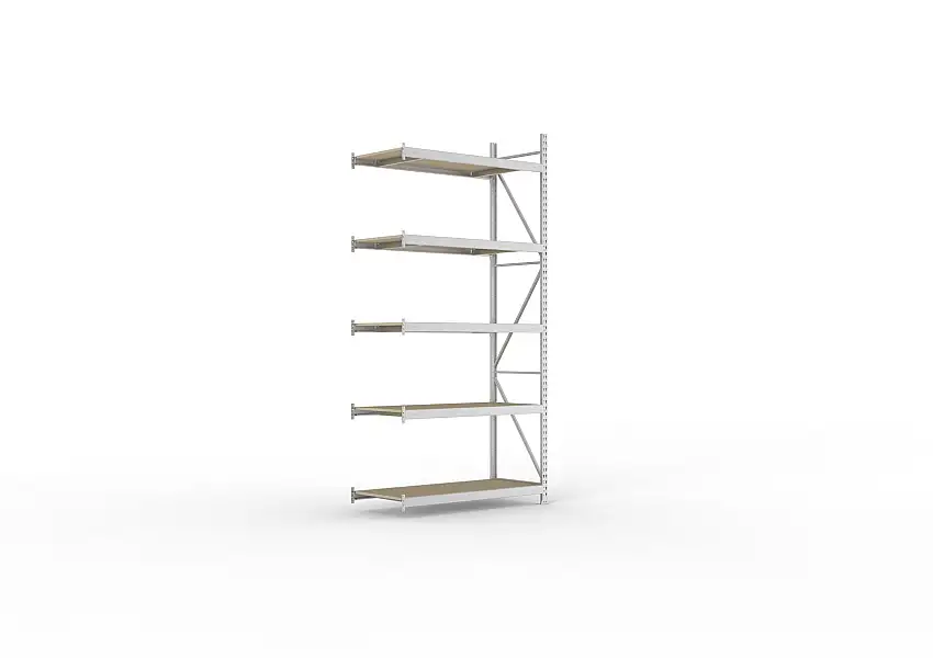 Meta Weitspannregal mit Spanplatten MINI-RACK | Anbauregal | HxBxT 300x140x65cm | 5 Ebenen | Fachlast 600kg | Verzinkt