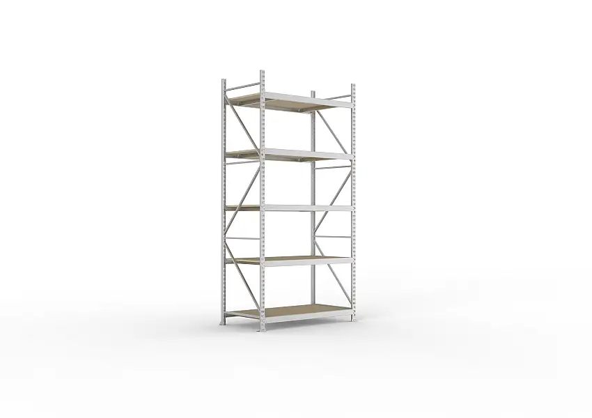 Meta Weitspannregal mit Spanplatten MINI-RACK | Grundregal | HxBxT 300x140x80cm | 5 Ebenen | Fachlast 600kg | Verzinkt