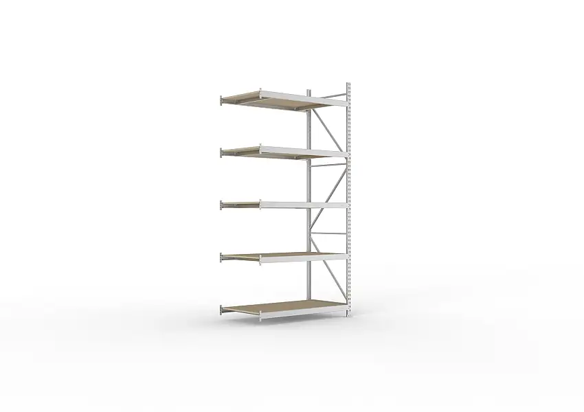 Meta Weitspannregal mit Spanplatten MINI-RACK | Anbauregal | HxBxT 300x140x80cm | 5 Ebenen | Fachlast 600kg | Verzinkt