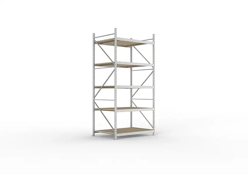 Meta Weitspannregal mit Spanplatten MINI-RACK | Grundregal | HxBxT 300x140x105cm | 5 Ebenen | Fachlast 600kg | Verzinkt