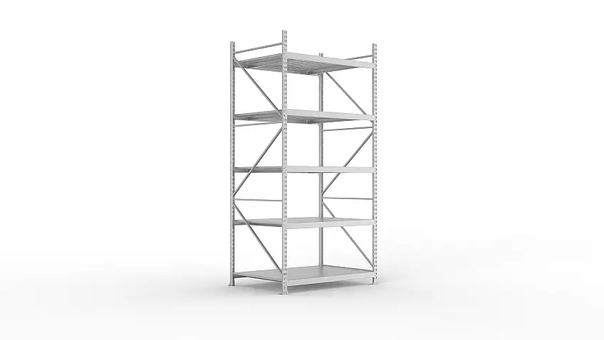 Meta Weitspannregal mit Stahlplatten MINI-RACK | Grundregal | HxBxT 300x140x105cm | 5 Ebenen | Fachlast 600kg | Verzinkt