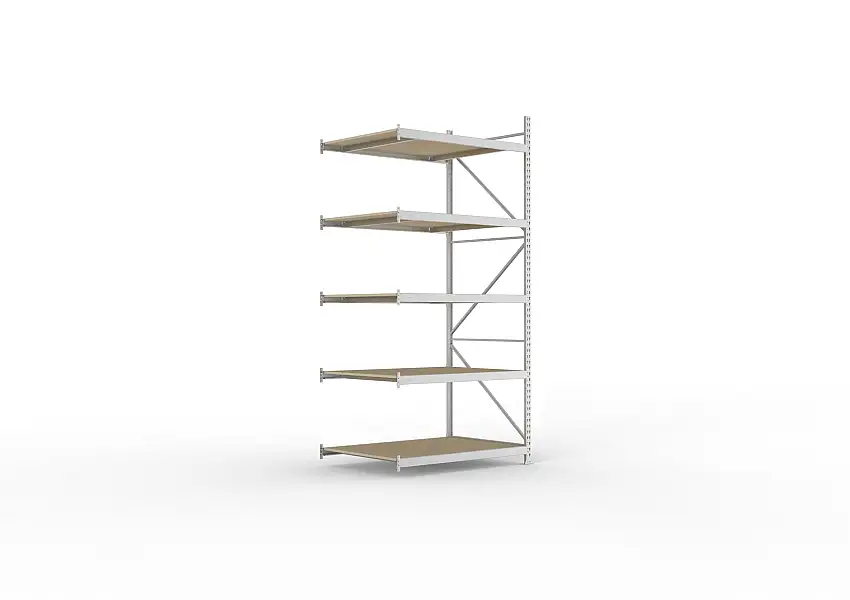 Meta Weitspannregal mit Spanplatten MINI-RACK | Anbauregal | HxBxT 300x140x105cm | 5 Ebenen | Fachlast 600kg | Verzinkt