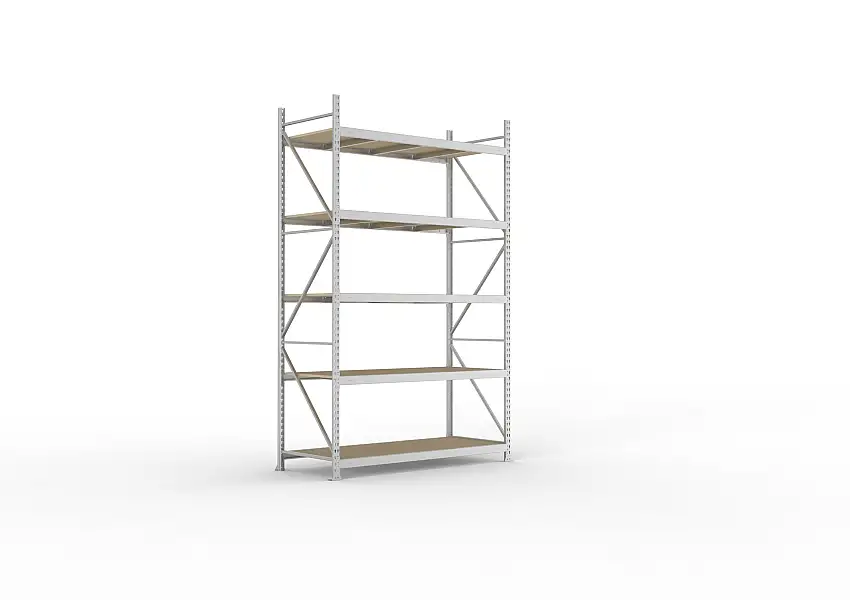 Meta Weitspannregal mit Spanplatten MINI-RACK | Grundregal | HxBxT 300x180x80cm | 5 Ebenen | Fachlast 600kg | Verzinkt