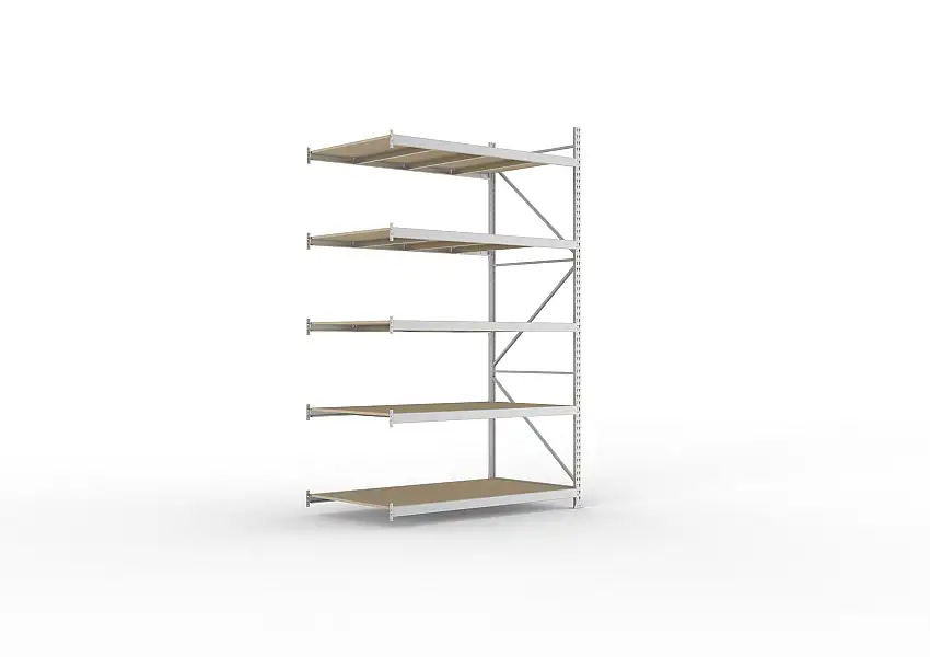 Meta Weitspannregal mit Spanplatten MINI-RACK | Anbauregal | HxBxT 300x180x105cm | 5 Ebenen | Fachlast 600kg | Verzinkt
