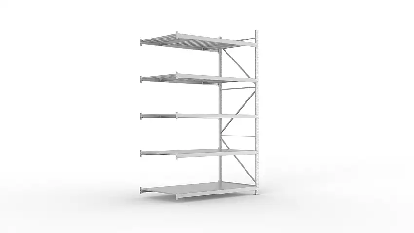 Meta Weitspannregal mit Stahlplatten MINI-RACK | Anbauregal | HxBxT 300x180x105cm | 5 Ebenen | Fachlast 600kg | Verzinkt