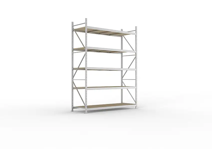 Meta Weitspannregal mit Spanplatten MINI-RACK | Grundregal | HxBxT 300x220x80cm | 5 Ebenen | Fachlast 600kg | Verzinkt