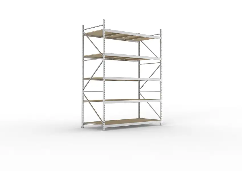 Meta Weitspannregal mit Spanplatten MINI-RACK | Grundregal | HxBxT 300x220x105cm | 5 Ebenen | Fachlast 600kg | Verzinkt