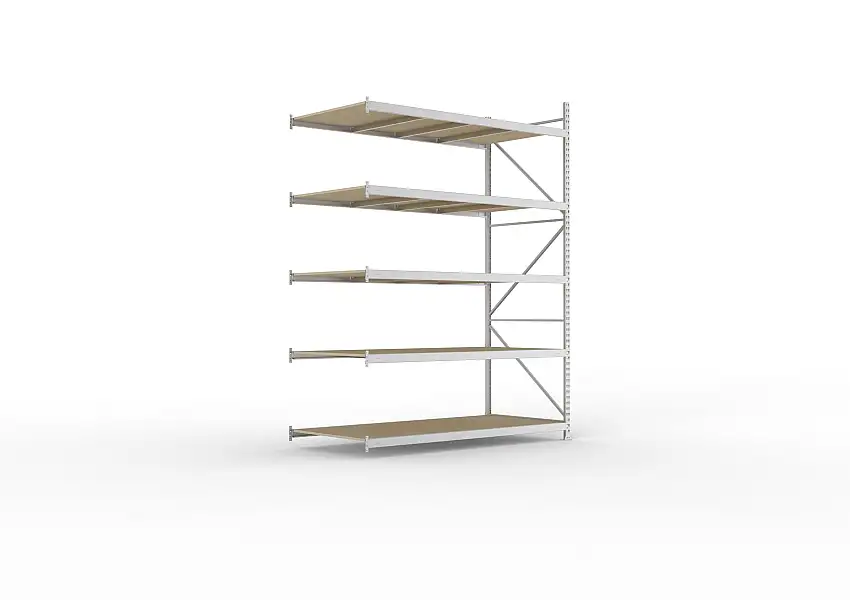 Meta Weitspannregal mit Spanplatten MINI-RACK | Anbauregal | HxBxT 300x220x105cm | 5 Ebenen | Fachlast 600kg | Verzinkt