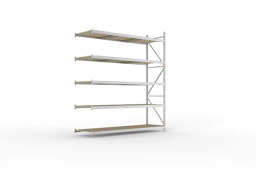 Meta Weitspannregal mit Spanplatten MINI-RACK | Anbauregal | HxBxT 300x260x80cm | 5 Ebenen | Fachlast 490kg | Verzinkt