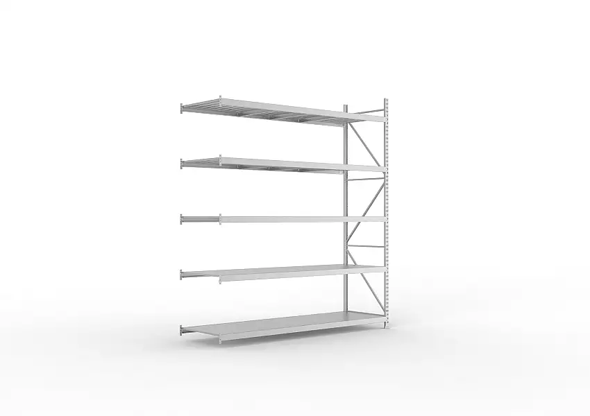 Meta Weitspannregal mit Stahlplatten MINI-RACK | Anbauregal | HxBxT 300x260x80cm | 5 Ebenen | Fachlast 490kg | Verzinkt