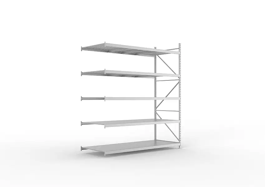 Meta Weitspannregal mit Stahlplatten MINI-RACK | Anbauregal | HxBxT 300x260x105cm | 5 Ebenen | Fachlast 490kg | Verzinkt