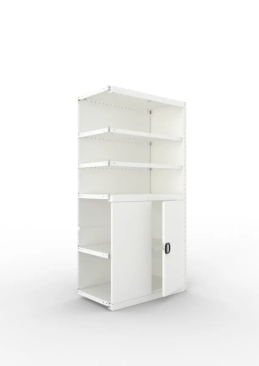 Meta Regal-Schrank-Kombination Stecksystem CLIP | Anbauregal | HxBxT 200x100x50cm | 1 Deckboden, 2 Regalfachböden & 2 Schrankfachböden | Fachlast 100kg | Lichtgrau
