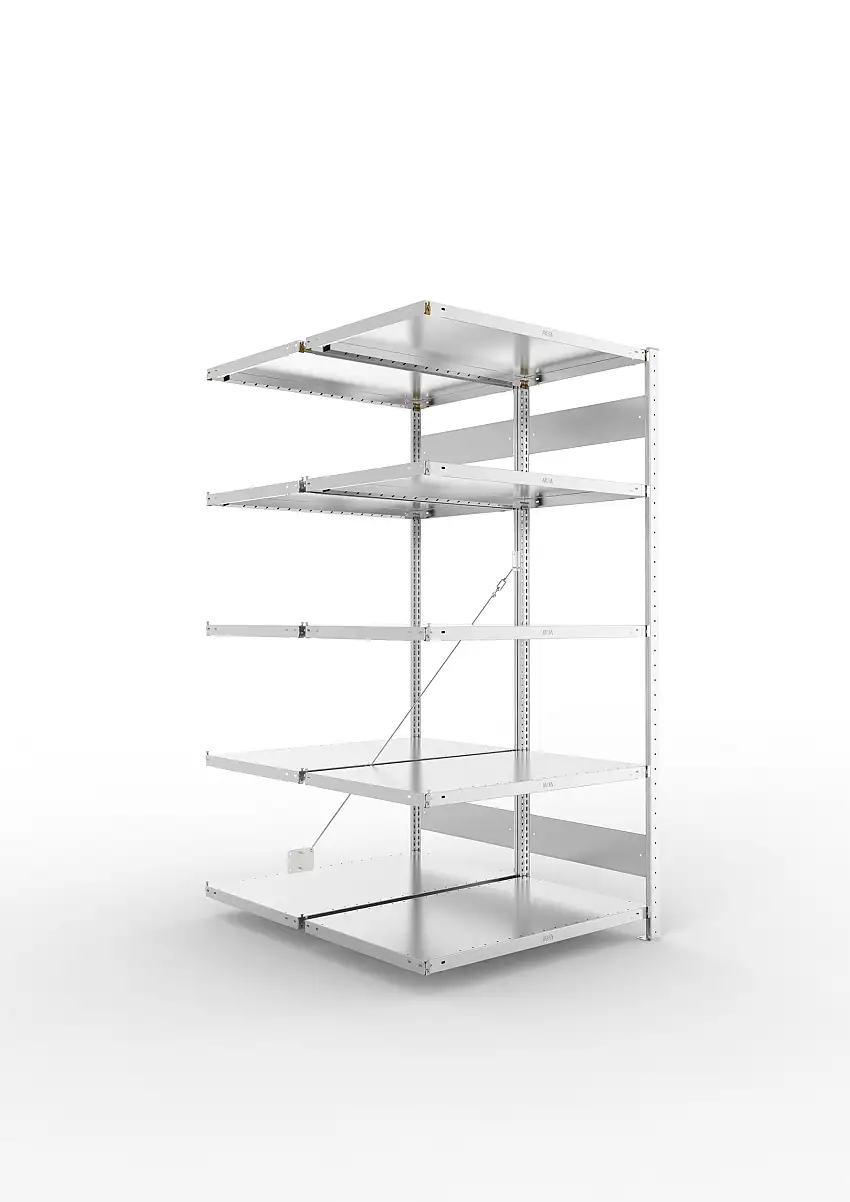 Meta Fachbodenregal Stecksystem CLIP mit vorgefertigten Rahmen | Anbauregal | HxBxT 200x100x120cm | 5 Ebenen | Fachlast 100kg | Doppelseitige Bauart mit Diagonalverstrebung | Verzinkt