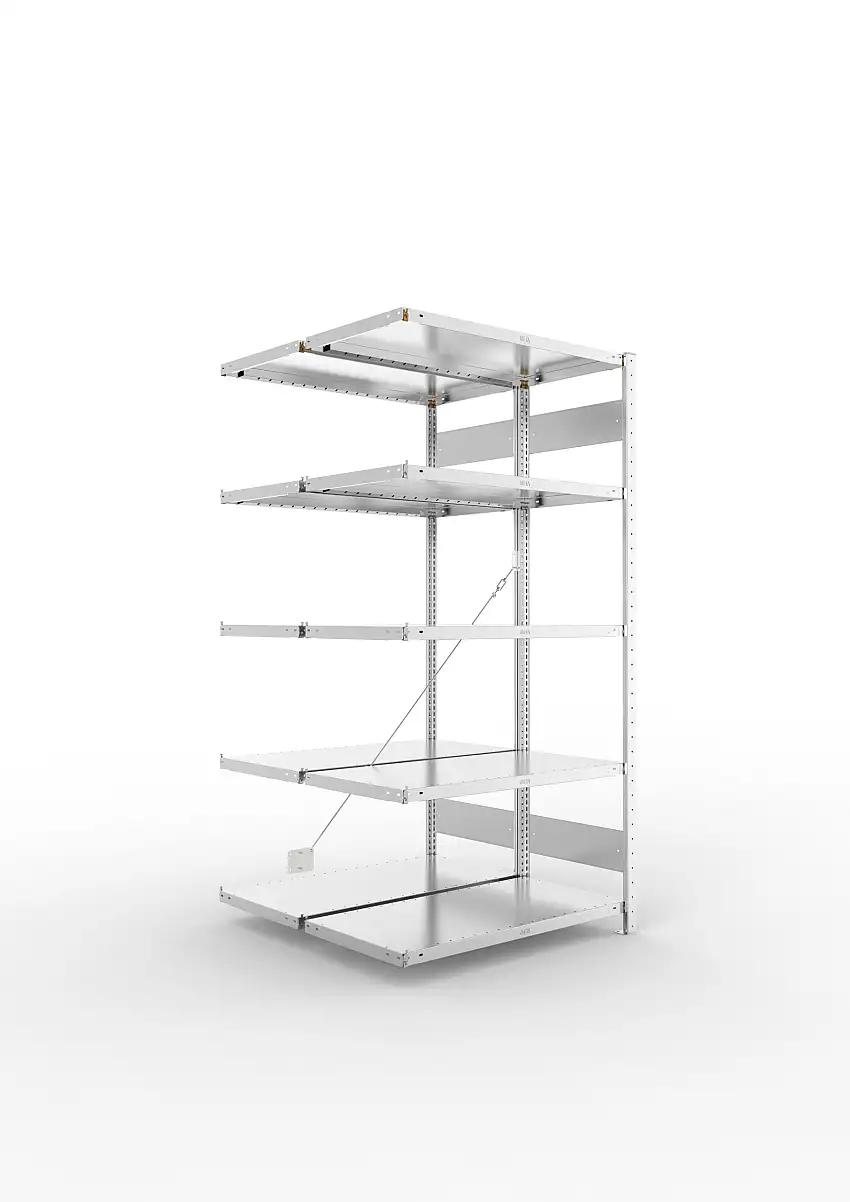 Meta Fachbodenregal Stecksystem CLIP mit vorgefertigten Rahmen | Anbauregal | HxBxT 200x100x100cm | 5 Ebenen | Fachlast 230kg | Doppelseitige Bauart mit Diagonalverstrebung | Verzinkt
