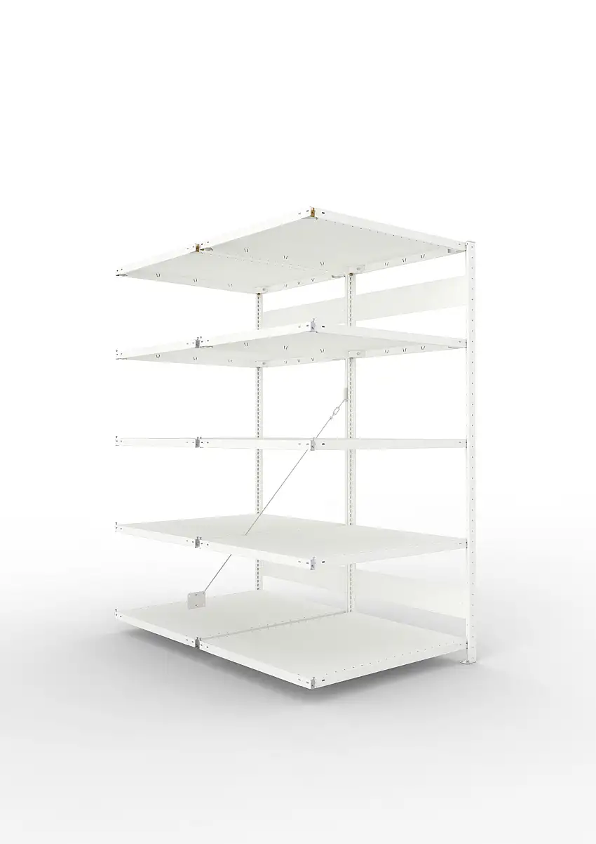 Meta Fachbodenregal Stecksystem CLIP mit vorgefertigten Rahmen | Anbauregal | HxBxT 200x100x160cm | 5 Ebenen | Fachlast 230kg | Doppelseitige Bauart mit Diagonalverstrebung | Lichtgrau