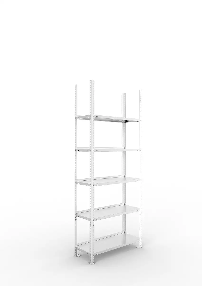 Meta Aktenregal Schraubsystem FIX | Grundregal | HxBxT 185x75x30cm | 5 Ebenen | Fachlast 90kg | Einseitig nutzbar | Verzinkt