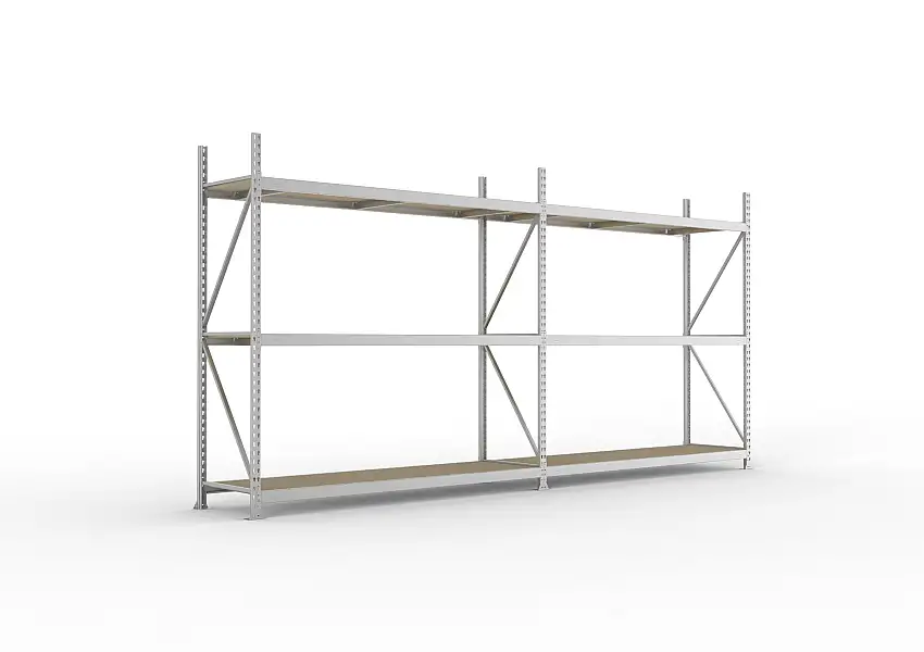 Meta Weitspannregal mit Spanplatten MINI-RACK | 2er Set | HxBxT 220x376x65cm | 3 Ebenen | Fachlast 600kg | Verzinkt