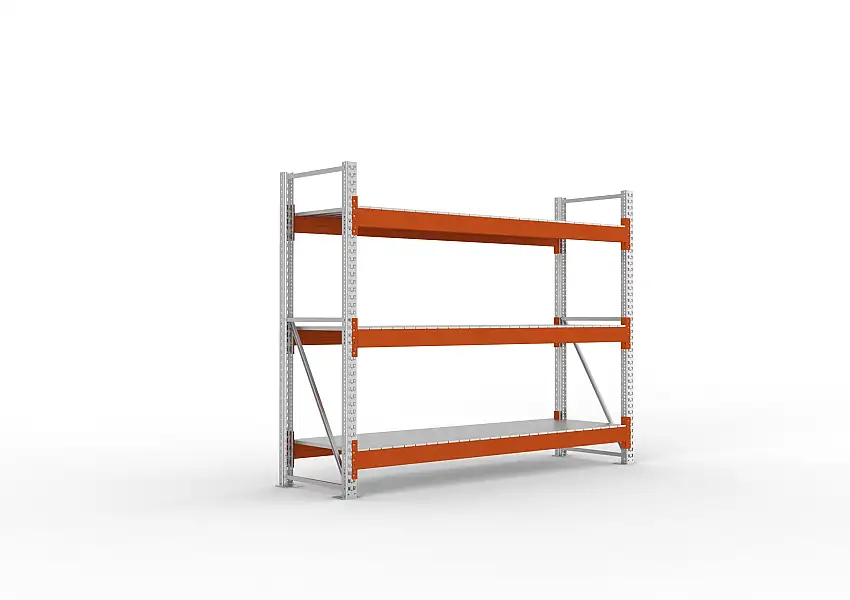 Meta Palettenregal MULTIPAL mit Stahl-Auflage | Grundregal | HxBxT 220x270x80cm | 3 Ebenen | Fachlast 2400kg | Verzinkt/Orange