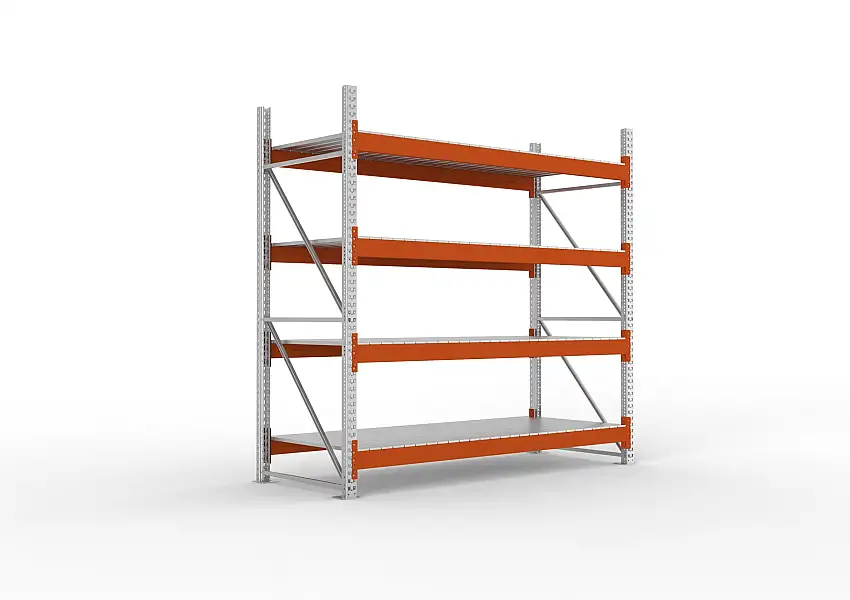 Meta Palettenregal MULTIPAL mit Stahl-Auflage | Grundregal | HxBxT 270x270x110cm | 4 Ebenen | Fachlast 2400kg | Verzinkt/Orange