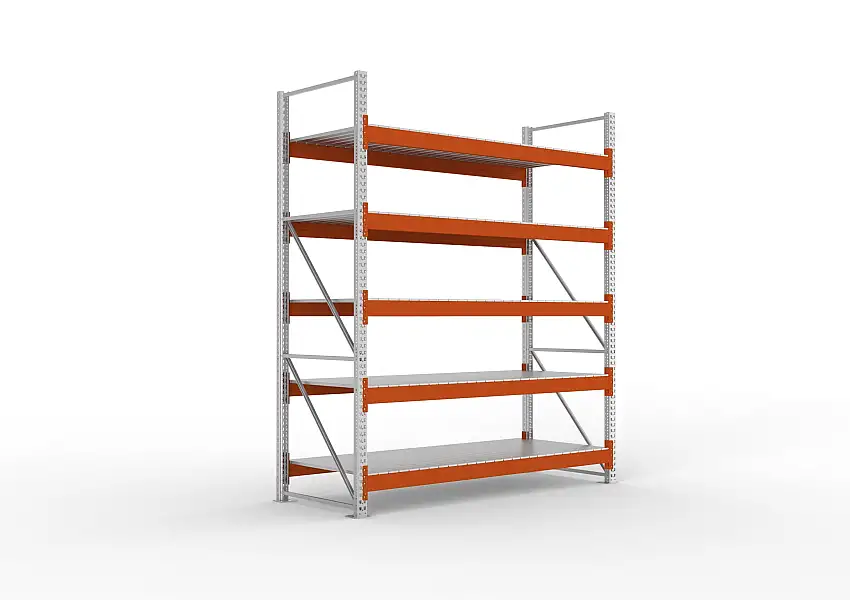Meta Palettenregal MULTIPAL mit Stahl-Auflage | Grundregal | HxBxT 330x270x110cm | 5 Ebenen | Fachlast 2400kg | Verzinkt/Orange