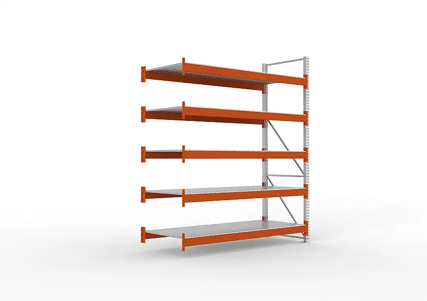Meta Palettenregal MULTIPAL mit Stahl-Auflage | Anbauregal | HxBxT 330x270x110cm | 5 Ebenen | Fachlast 2400kg | Verzinkt/Orange