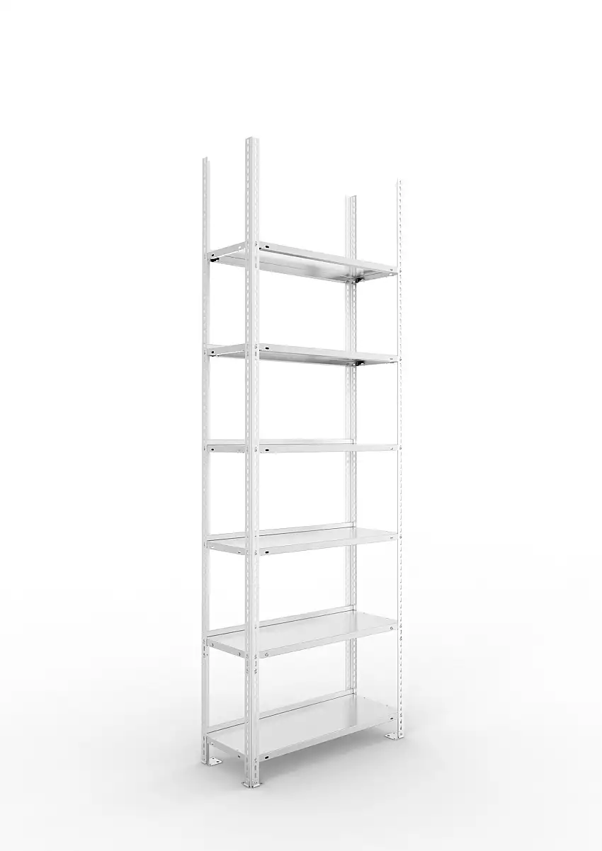 Meta Aktenregal Schraubsystem FIX | Grundregal | HxBxT 220x75x30cm | 6 Ebenen | Fachlast 80kg | Einseitig nutzbar | Verzinkt