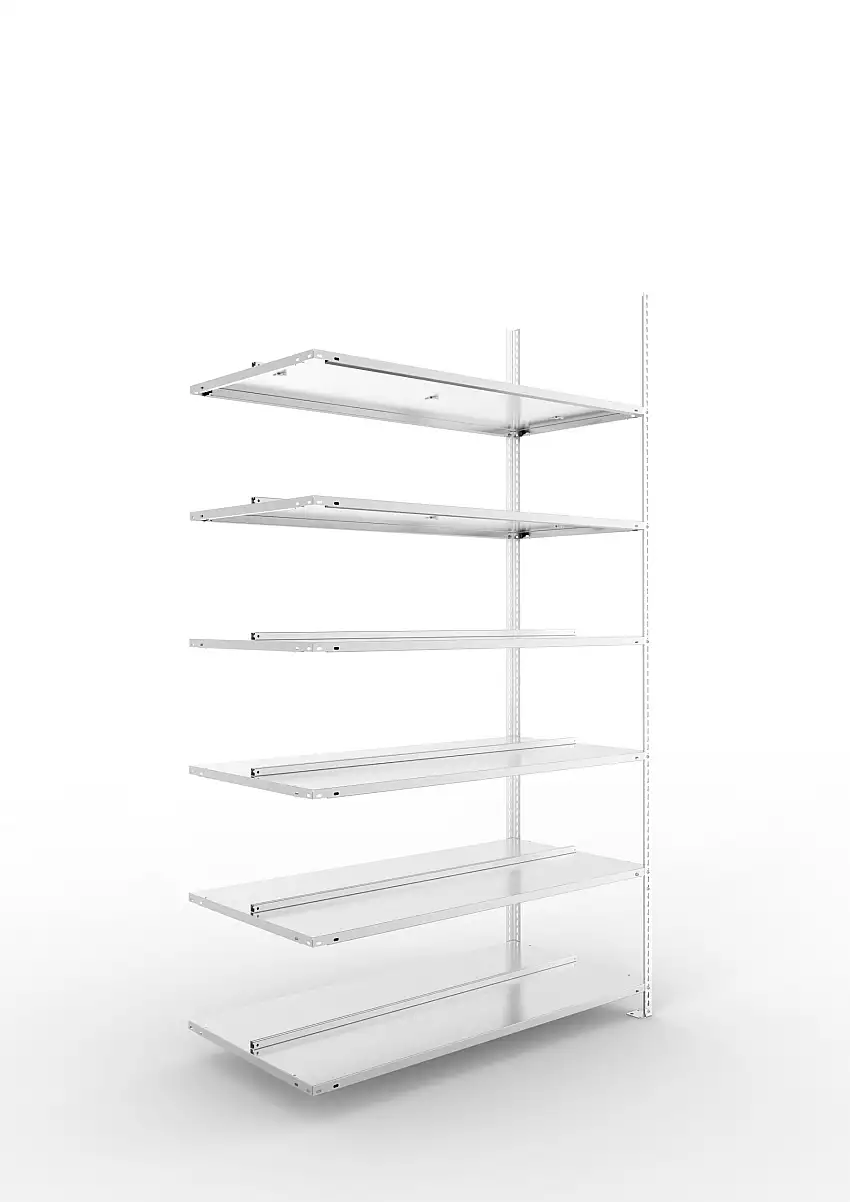 Meta Aktenregal Schraubsystem FIX | Anbauregal | HxBxT 220x125x60cm | 6 Ebenen | Fachlast 100kg | Beidseitig nutzbar | Verzinkt