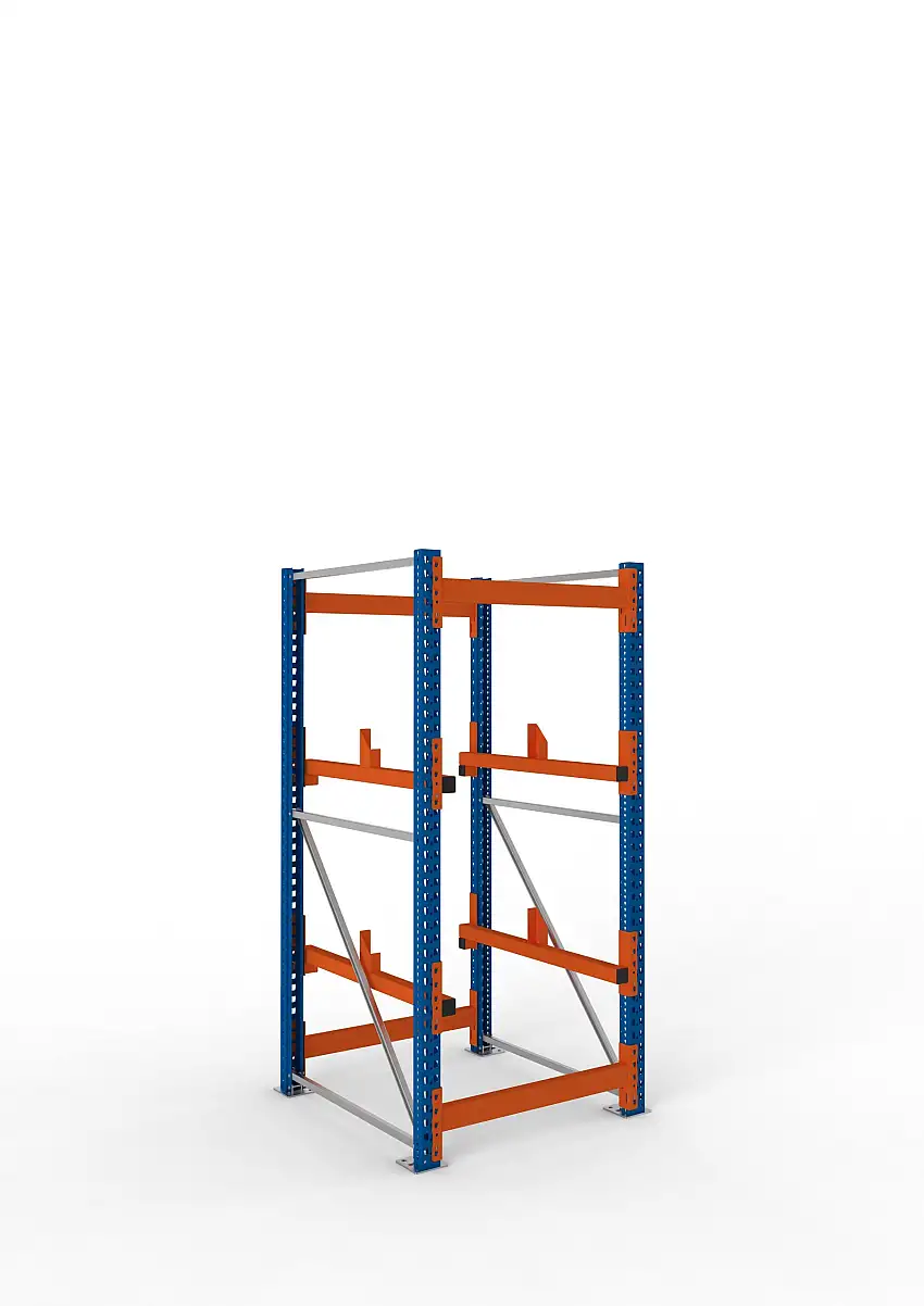 Meta Kabeltrommelregal MULTIPAL Typ 1 | Grundregal | HxBxT 220x90x110cm | 2 Trommelaufnahmen, ohne Achsen | Blau/Orange